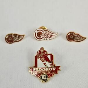 Vintage Sergei Fedorov #91 Enamel Pin & 3 Detroit Red Wings Logo Pins (4 Pins)
